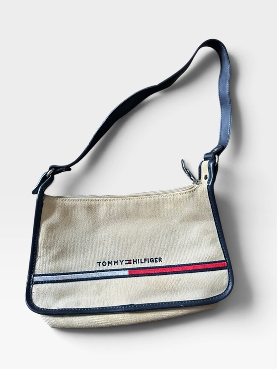 Tommy Hilfiger Handbags - Y2K Tommy Hilfiger Cream Canvas Shoulder Bag with Navy Trim and Red-Blue Stripe